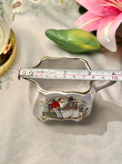 White Ceramic Cream Jug Pastoral Scene Gold Trim 9cm