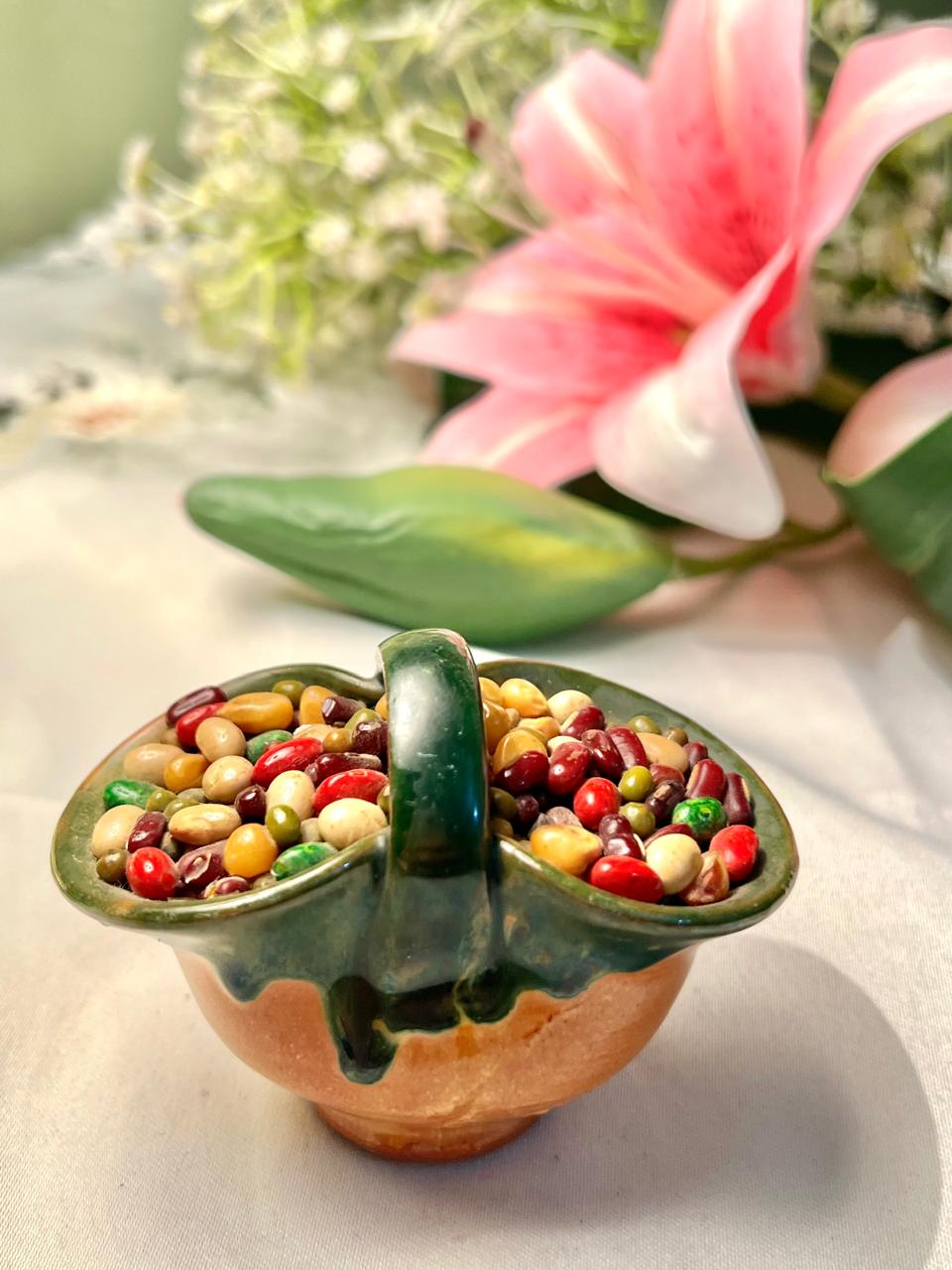 Miniature Ceramic Basket with Multicolour Bean Detail 4 in