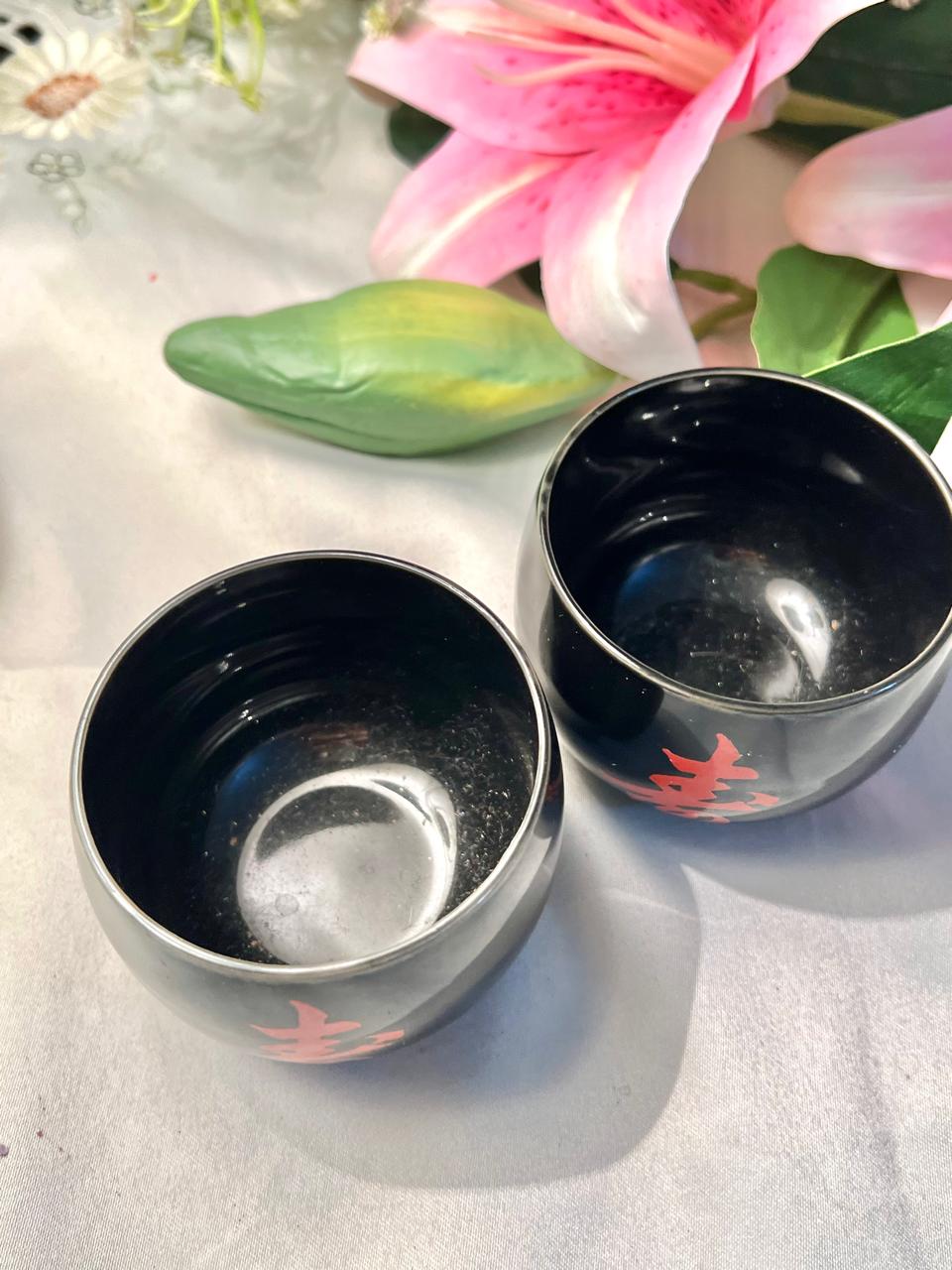 Black Ceramic Tea Cups Red Calligraphic Motif 2-Piece Set