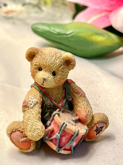 Teddy Bear Drummer Figurine with Red Drum 2.7 in