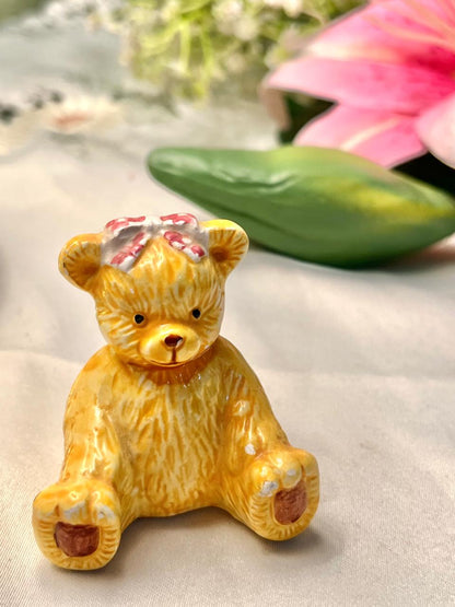 Yellow Teddy Bear Ceramic Figurine with Bow 2.5 in