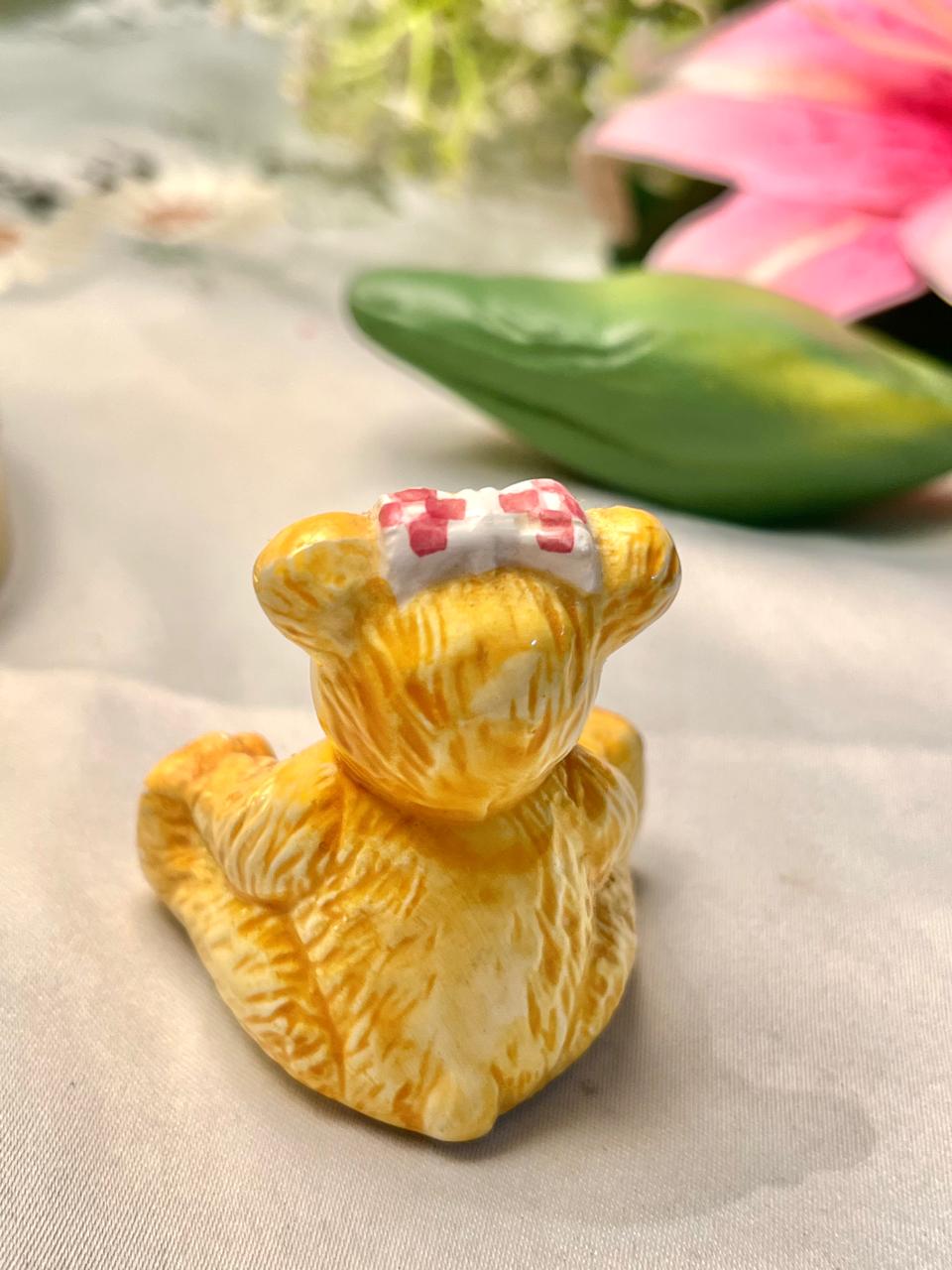 Yellow Teddy Bear Ceramic Figurine with Bow 2.5 in