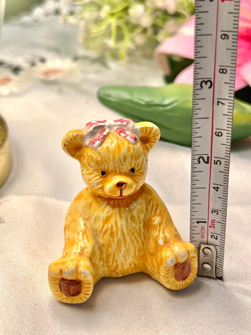 Yellow Teddy Bear Ceramic Figurine with Bow 2.5 in
