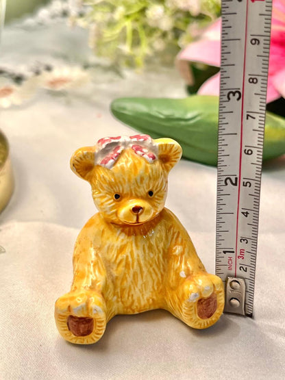 Yellow Teddy Bear Ceramic Figurine with Bow 2.5 in