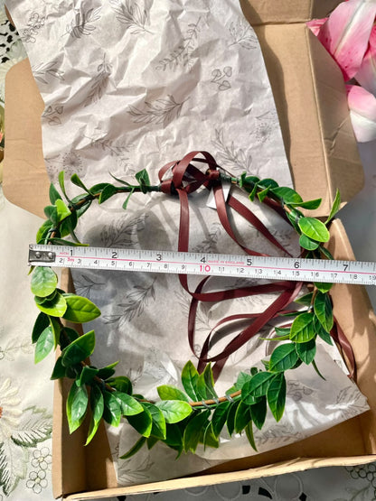 Green Leaf Wreath with Burgundy Ribbon Approx. 7 in