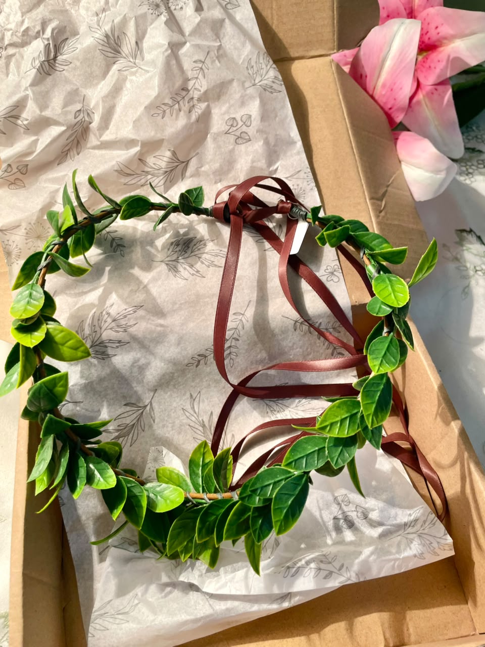 Green Leaf Wreath with Burgundy Ribbon Approx. 7 in