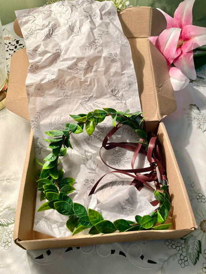 Green Leaf Wreath with Burgundy Ribbon Approx. 7 in