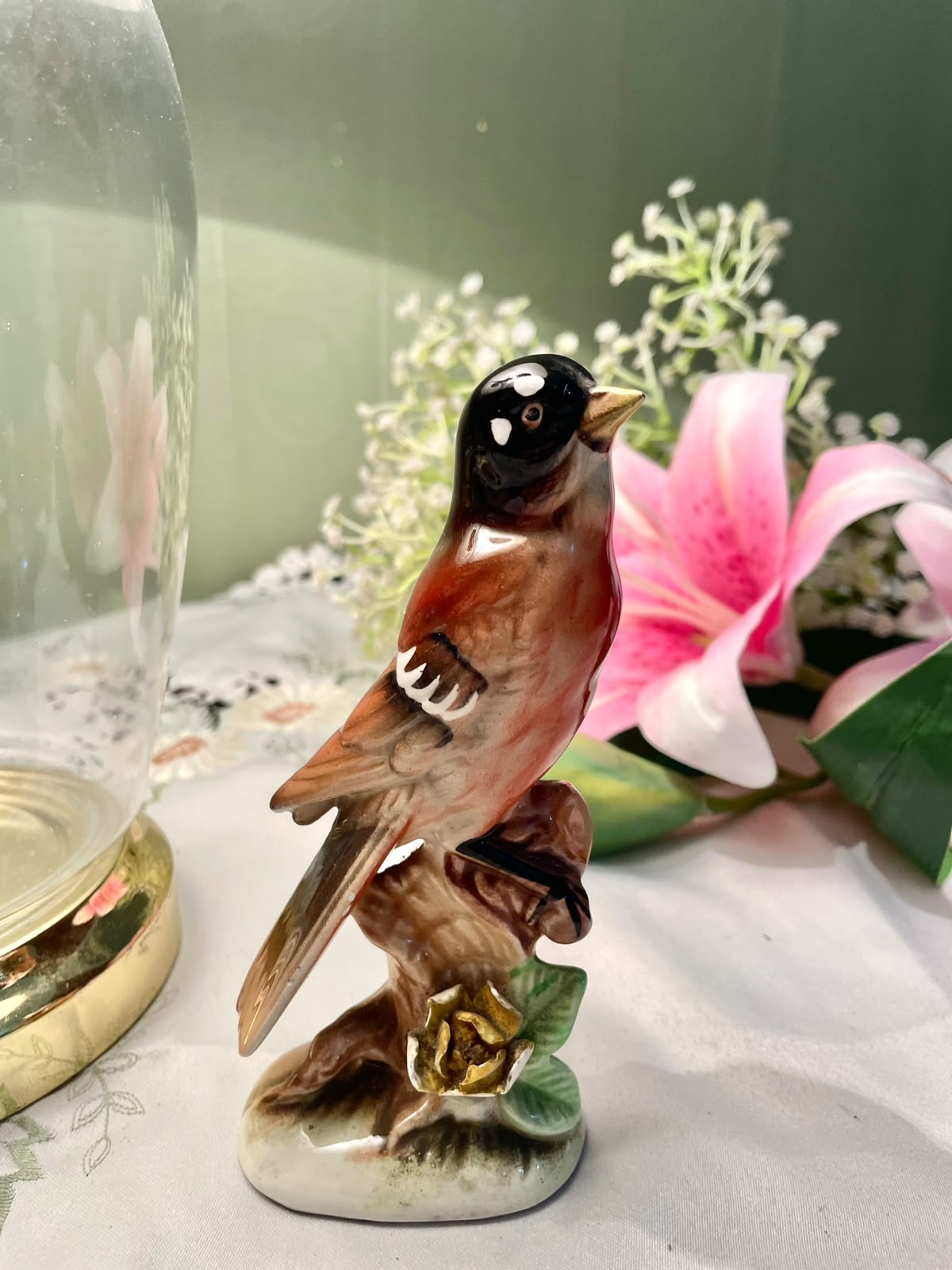 Vintage Brown Bird Figurine with Floral Detail Approx. 5.5 in