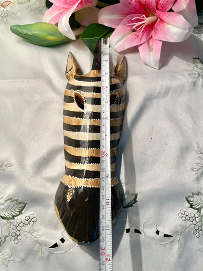 Vintage Carved Striped Animal Face Wall Plaque Approx. 12 in