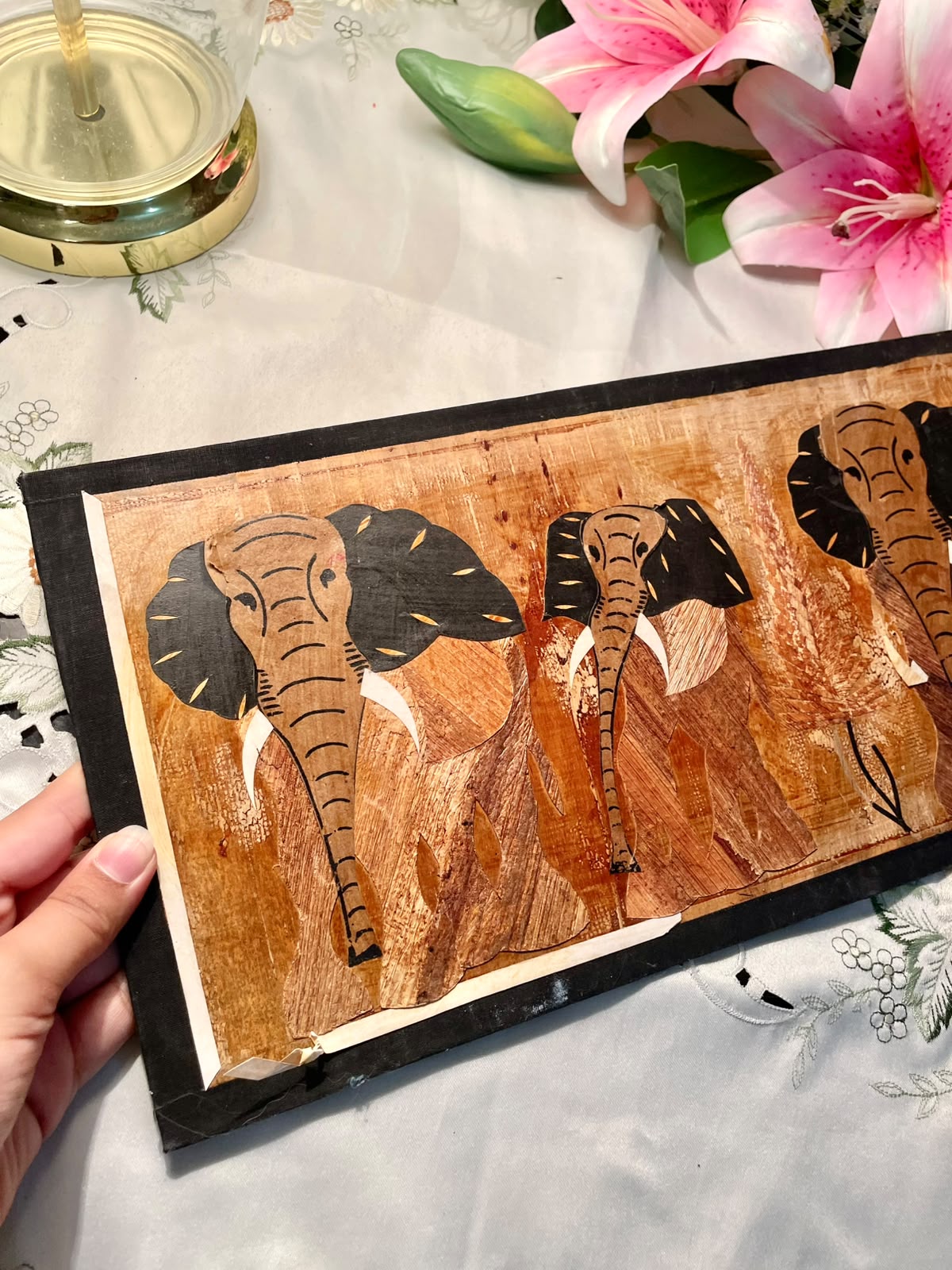 Vintage 3 Elephant Wall Plaque Brown Black Approx. 16 inch ( Rare Find )