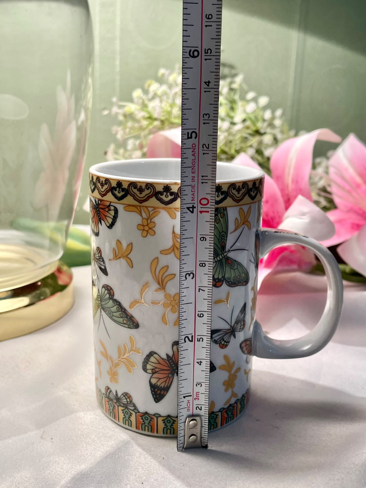 Butterfly Floral Ceramic Mug Gold Accent 4.5 in
