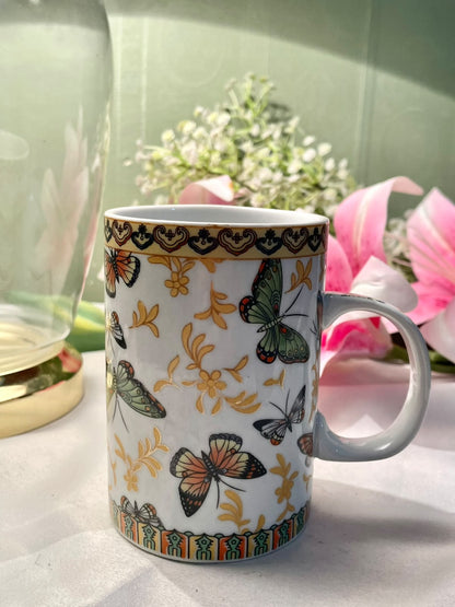 Butterfly Floral Ceramic Mug Gold Accent 4.5 in