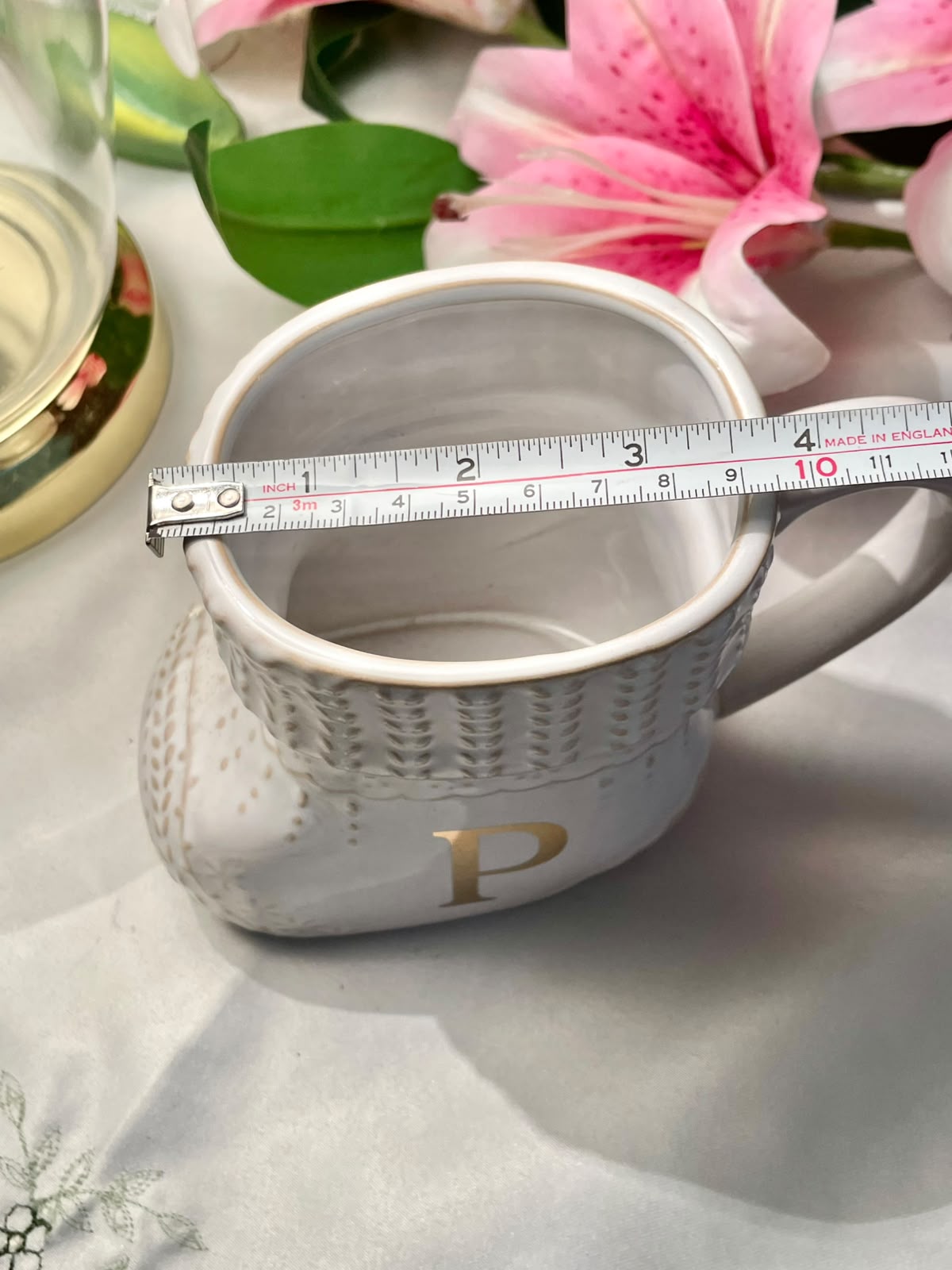 Alphabet Stocking Mug Gold P White Ceramic 4.5 in
