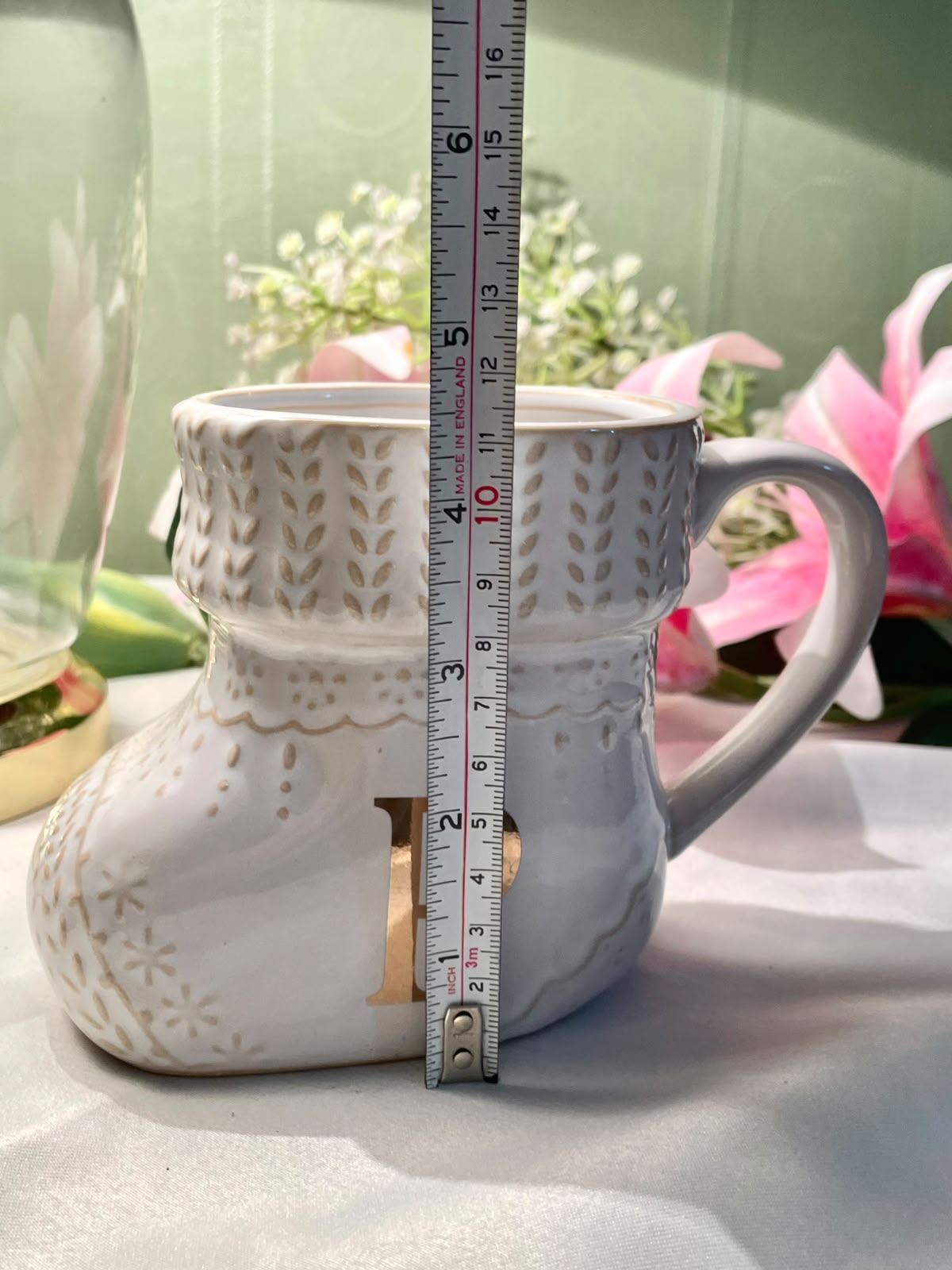 Alphabet Stocking Mug Gold P White Ceramic 4.5 in