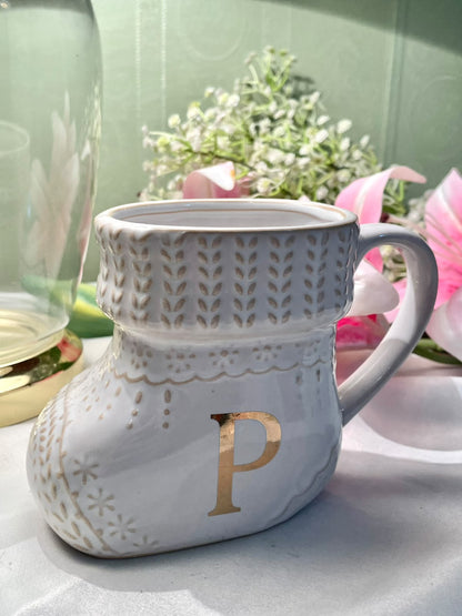 Alphabet Stocking Mug Gold P White Ceramic 4.5 in