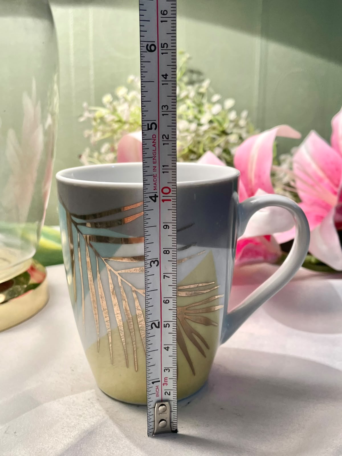Grey Green Geometric Gold Accent Ceramic Mug 4.25 in
