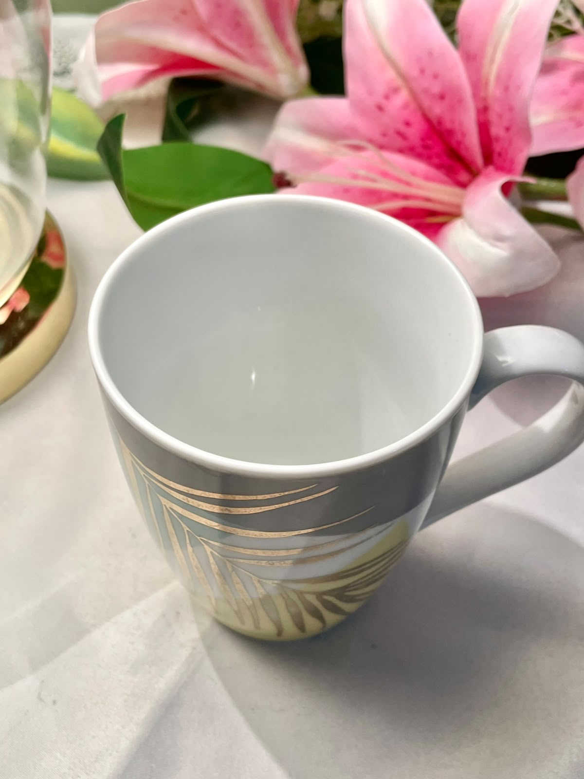 Grey Green Geometric Gold Accent Ceramic Mug 4.25 in