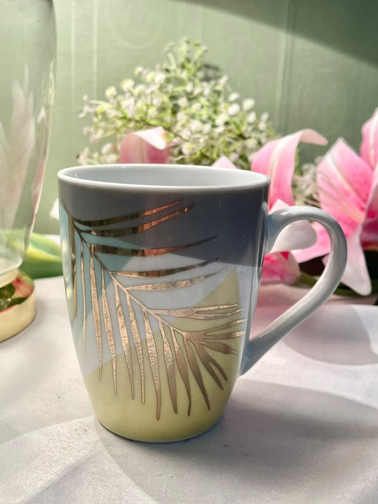 Grey Green Geometric Gold Accent Ceramic Mug 4.25 in