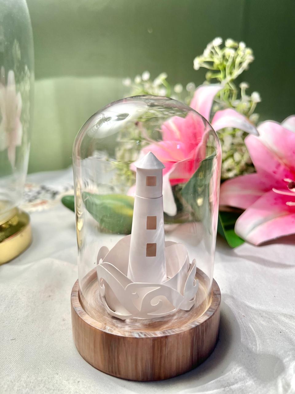 Lighthouse Dome Light Decor with Wood-Look Base – Approx. 12 cm