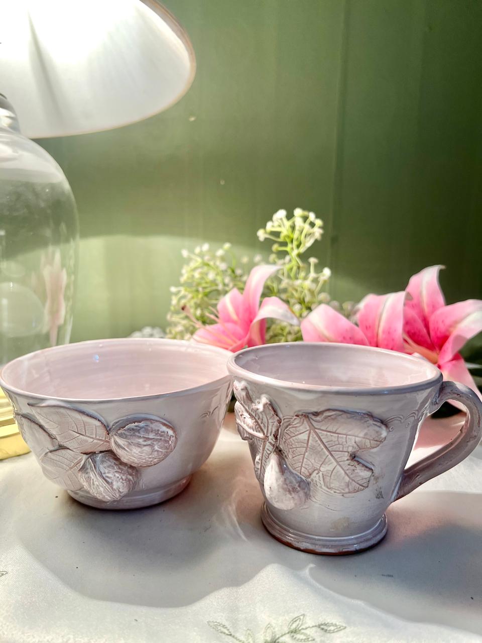 Hand painted 3d Set of 2 Pink Ceramic Botanical Relief Mugs /  Bowl