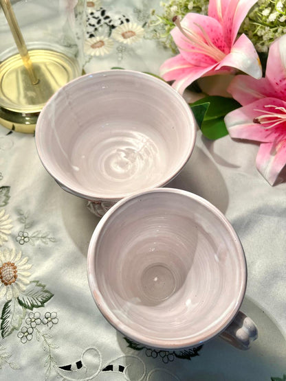 Hand painted 3d Set of 2 Pink Ceramic Botanical Relief Mugs /  Bowl