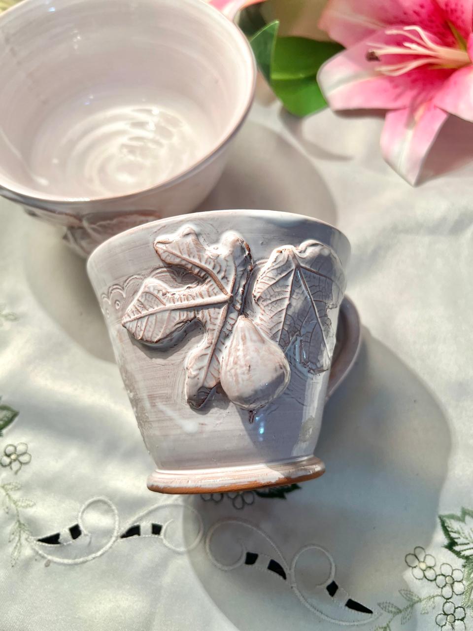 Hand painted 3d Set of 2 Pink Ceramic Botanical Relief Mugs /  Bowl
