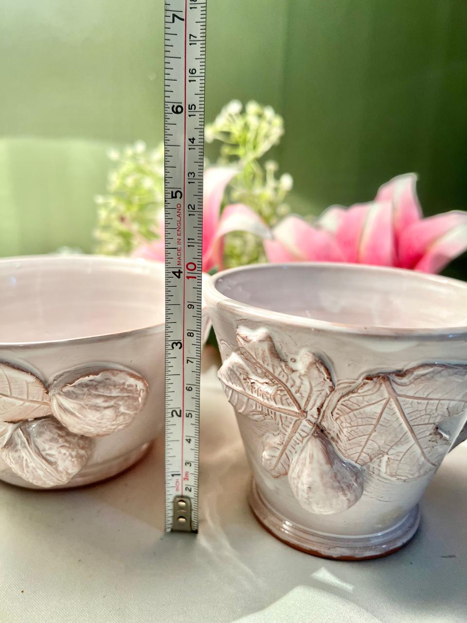 Hand painted 3d Set of 2 Pink Ceramic Botanical Relief Mugs /  Bowl