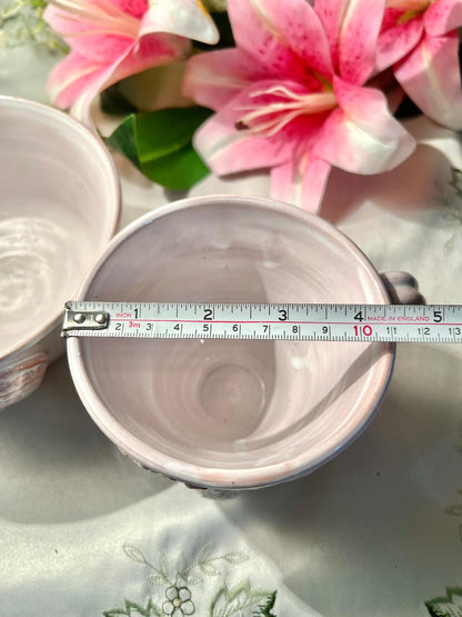 Hand painted 3d Set of 2 Pink Ceramic Botanical Relief Mugs /  Bowl