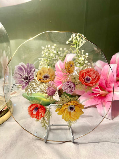 Vintage Floral Crystal Plate Gold Rim Approx. 8 in