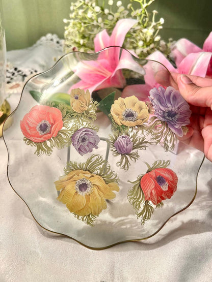 Vintage Floral Crystal Plate Gold Rim Approx. 8 in