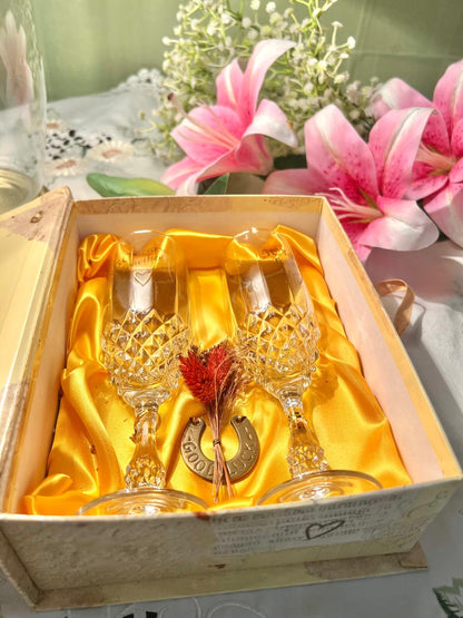 Boxed Pair Crystal Champagne Flutes / Glass Gold Detail Approx. 8 in