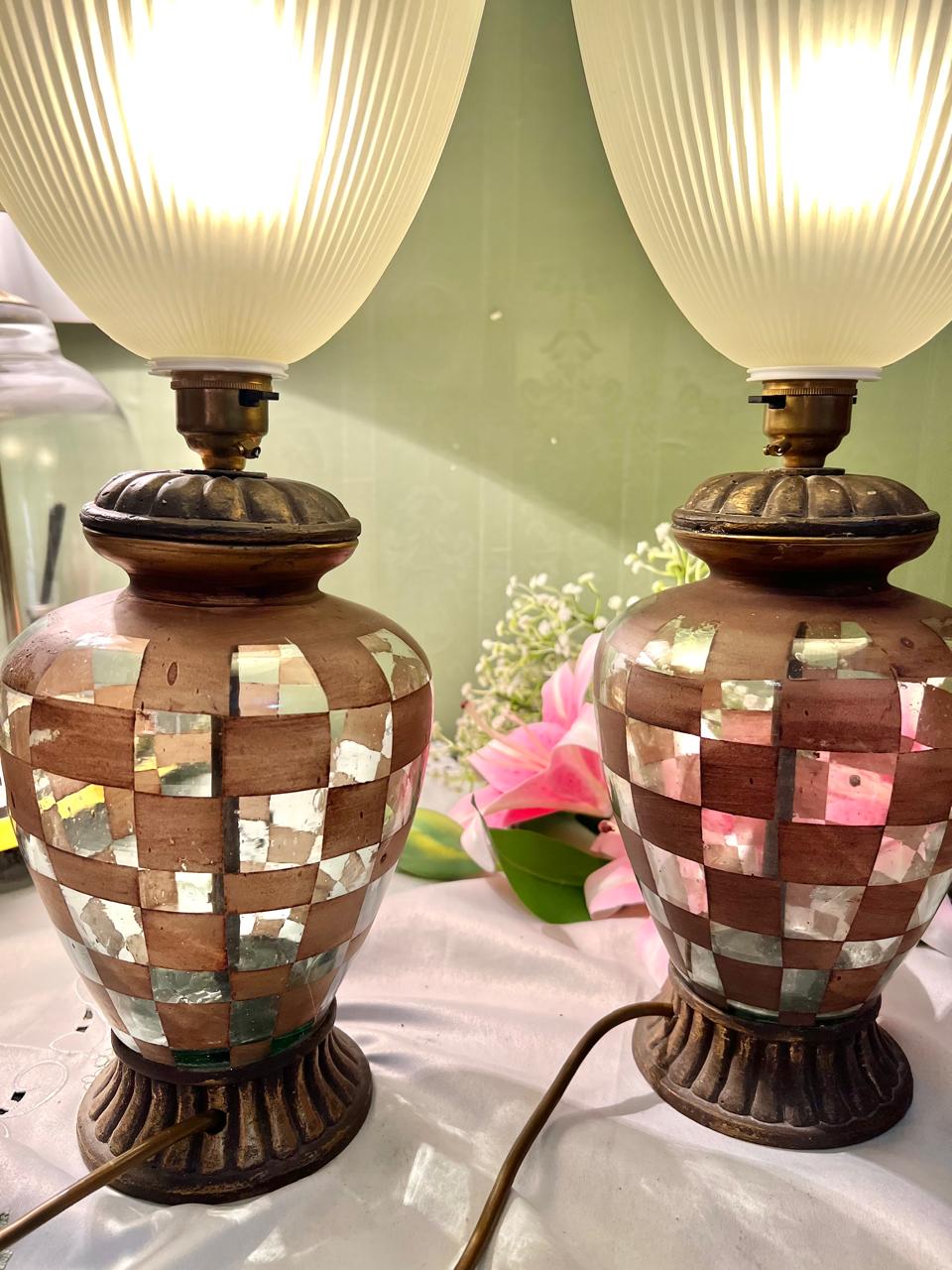 Pair Vintage Mosaic Table Lamps Ribbed Shades Approx. 19 in