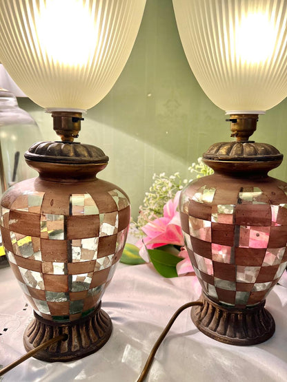 Pair Vintage Mosaic Table Lamps Ribbed Shades Approx. 19 in