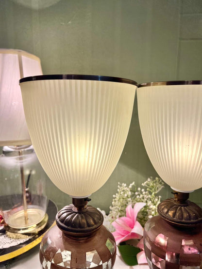 Pair Vintage Mosaic Table Lamps Ribbed Shades Approx. 19 in
