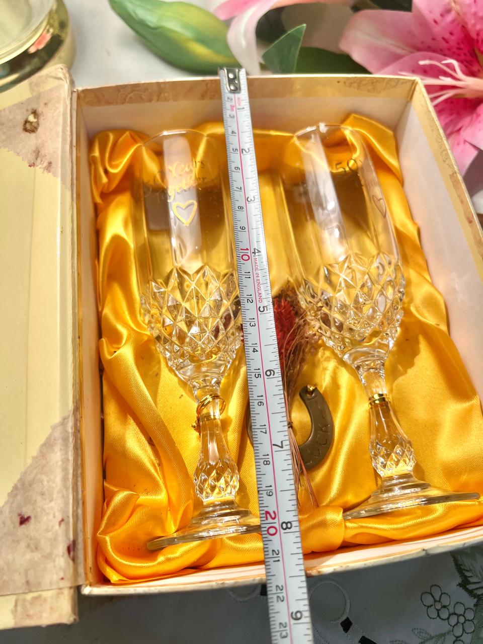 Boxed Pair Crystal Champagne Flutes / Glass Gold Detail Approx. 8 in