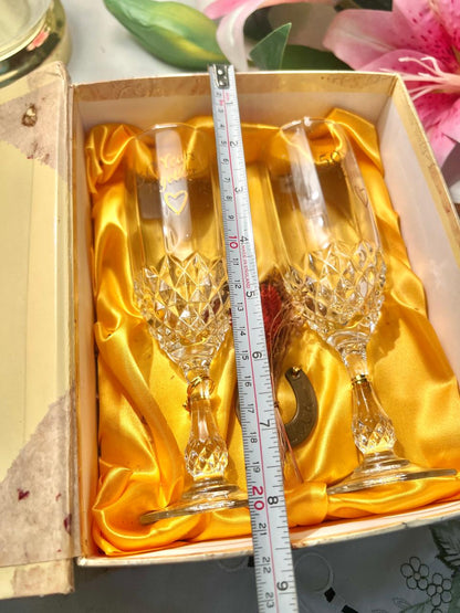 Boxed Pair Crystal Champagne Flutes / Glass Gold Detail Approx. 8 in