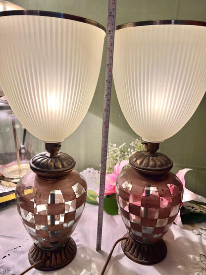 Pair Vintage Mosaic Table Lamps Ribbed Shades Approx. 19 in