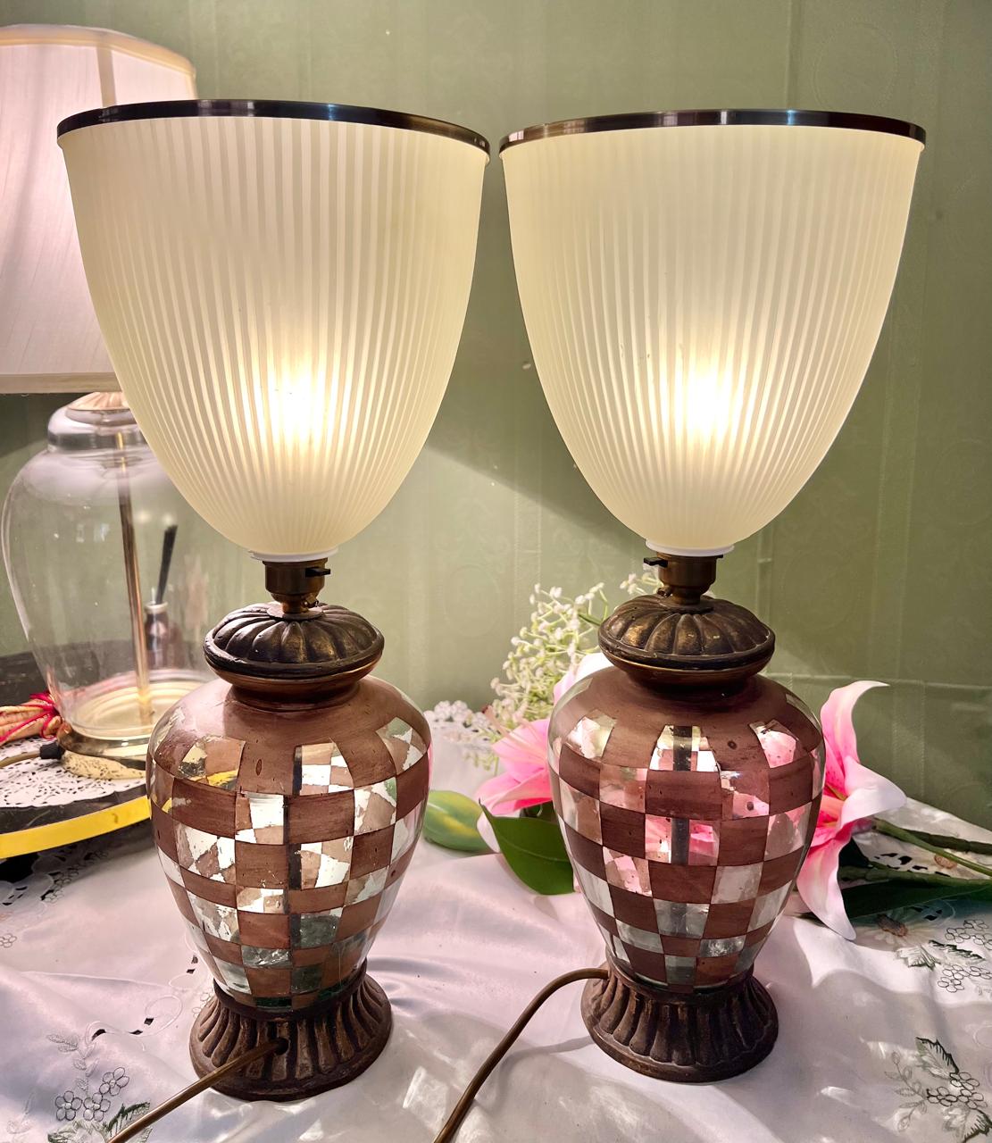 Pair Vintage Mosaic Table Lamps Ribbed Shades Approx. 19 in