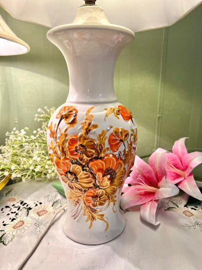 Vintage Floral Ceramic Table Lamp with Fabric Shade Approx. 24 in