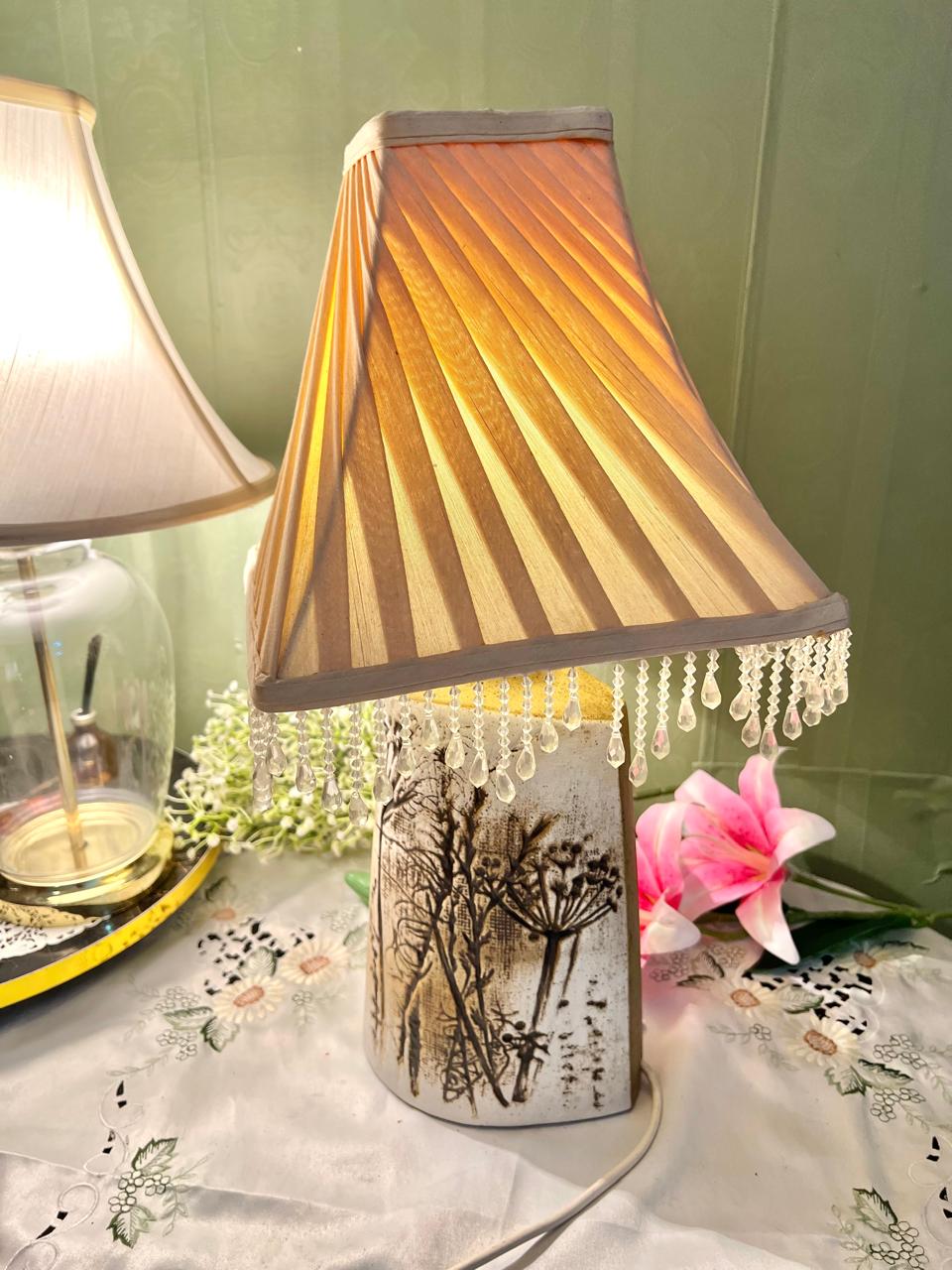 Vintage Botanical Table Lamp Slatted Shade Bead Fringe 21 in