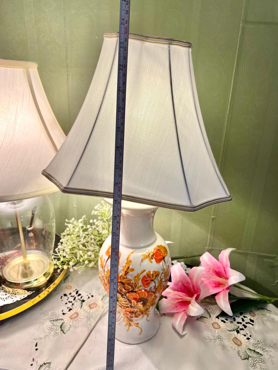Vintage Floral Ceramic Table Lamp with Fabric Shade Approx. 24 in