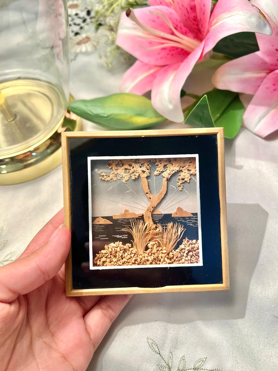Vintage Framed Tree Artwork Brown & Black Approx 12 cm