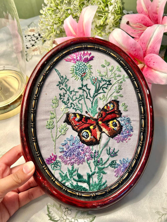 Embroidered or needlepoint wall frame peacock butterfly Approx 28 cm