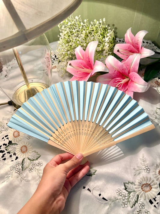 Vintage Blue Folding Hand Fan Wood-Tone Ribs Approx 21 cm