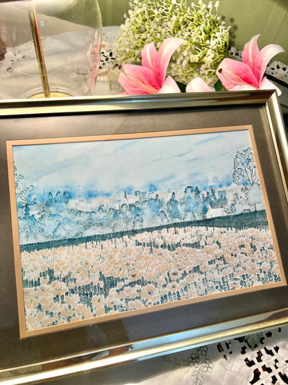 Vintage framed landscape watercolor painting depicting a scenic field and sky Blue Landscape Large 16 in