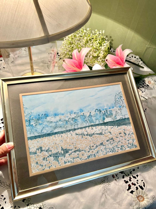 Vintage framed landscape watercolor painting depicting a scenic field and sky Blue Landscape Large 16 in