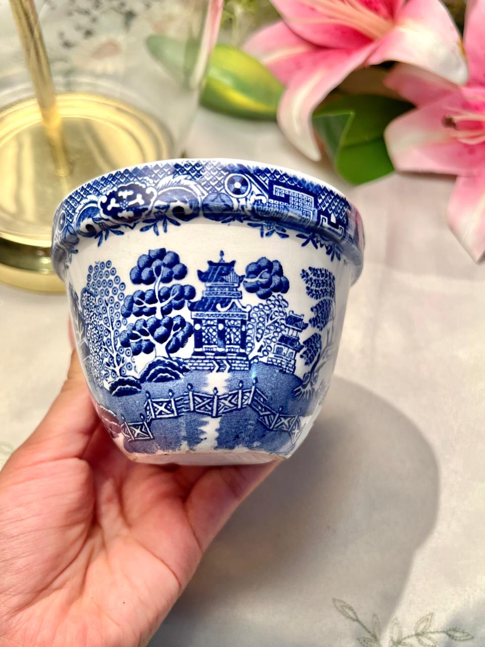 Blue & White Willow-Style Ceramic Bowl or Planter 4.25"