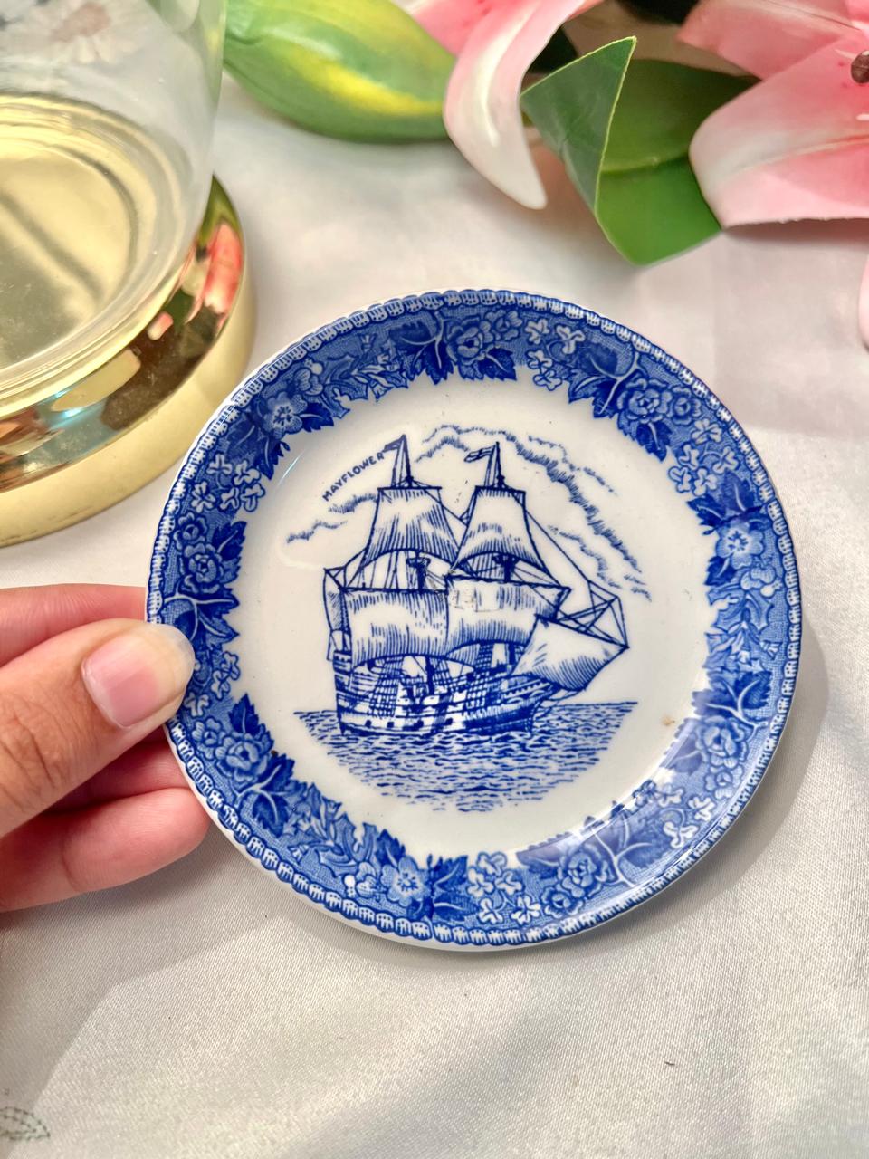 Mayflower Blue & White Ship Decorative Plate 4.25"
