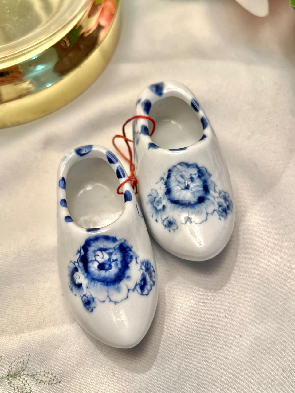 Blue & White Floral Miniature Ceramic Clogs Pair 3"