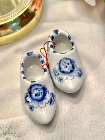 Blue & White Floral Miniature Ceramic Clogs Pair 3"